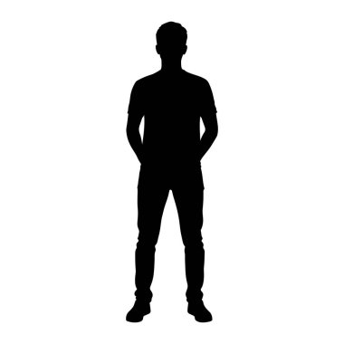 Beyaz arka planda duran siyah bir erkek silueti. Bu figür, elleri ceplerine yerleştirilmiş bir tişört ve kot pantolon giyiyor. Silüet temiz ve keskindir. Vücut ve giysi dışında gözle görülür bir ayrıntı yoktur.