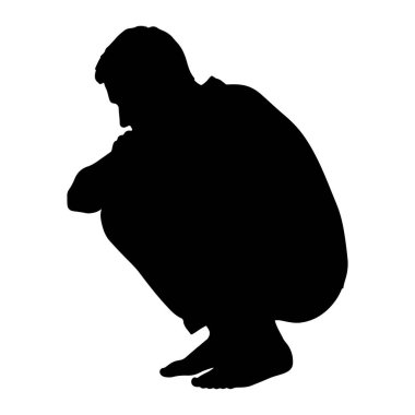 Bir adamın siyah silueti beyaz bir arka plana karşı çömelmiş bir şekilde tasvir edilir. Sola bakan figür, dizleri bükük ve vücudu yere doğru eğik. Kolları dizlerinde ya da bacaklarında dinleniyor gibi görünüyor. Siluet