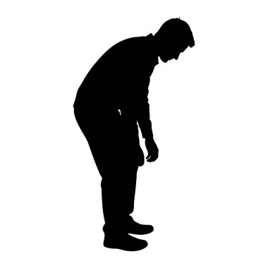 Bir adamın siyah silueti yan tarafından tasvir edilir, vücudunun üst kısmı aşağı doğru bükülür. Başı eğik ve elleri dizlerine yakın görünüyor. Şekil, düz beyaz bir arkaplan üzerinde izole edilir ve katı bir kontrast oluşturur..