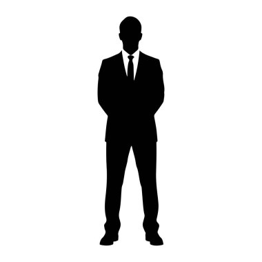 Dik duran bir adamın siyah silueti. Resmi bir takım elbise, ceket, pantolon ve kravat giyiyor. Şekil beyaz bir arkaplanda izole edilmiştir..