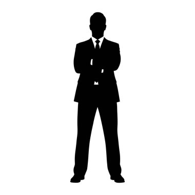 Siyah bir adam silueti kollarını kavuşturmuş duruyor. O, resmi bir takım elbise, kravat ve pantolon giyiyor. Arkaplan bembeyaz, figürü vurgulayan katıksız bir kontrast oluşturuyor. Siluet temiz ve keskin, bu da bir profesörü işaret ediyor.