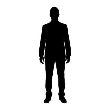 Ayakta duran ve öne bakan bir adamın tüm vücudu siyah bir siluet. Ceketi, gömleği ve pantolonu olan resmi bir takım elbise giyiyor. Siluet keskin ve beyaz bir arka planda izole edilmiş..