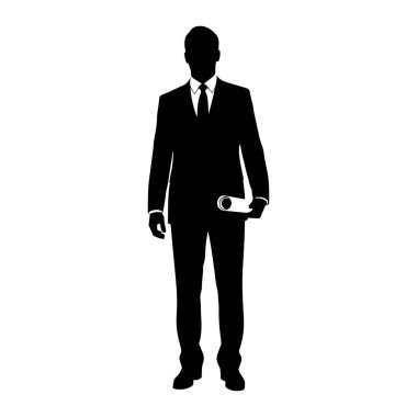 Siyah bir siluet, yüzü öne dönük, resmi bir takım elbise giymiş ve kravat takmış bir adam. Elinde bir doküman var, muhtemelen bir plan ya da plan, sağ elinde. Şekil, düz beyaz bir arkaplanda izole edilmiştir..