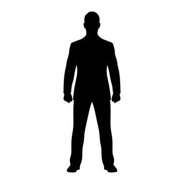 Siyah bir siluet beyaz bir arka plana karşı karşıya duran bir adam. Ceketi ve pantolonu olan resmi bir takım elbise giyiyor. Kolları yanı başında, yumruklarını sıkarak. Siluet, gözle görülür bir özelliği olmayan koyu siyah bir şekildir.