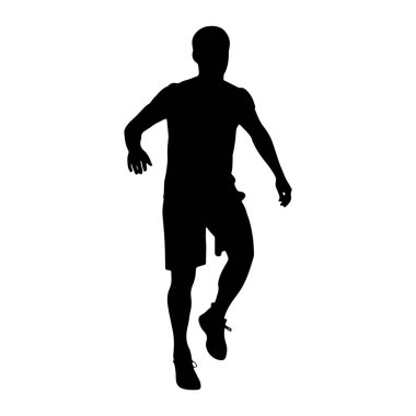 Hareket halindeki bir adamın siyah silueti, koşuyor ya da zıplıyor gibi görünüyor. O şort ve spor ayakkabıları giyiyor. Şekil, düz beyaz bir arkaplana karşı tasvir edilir.