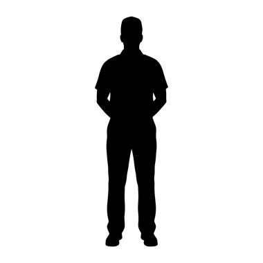 Beyaz arka planda duran bir adamın tüm vücudu siyah bir siluet. O, elleri arkasında bağlı olarak yakalı bir gömlek ve pantolon giyiyor. Şekil simsiyahtır ve gözle görülür bir özelliği yoktur. Bu da genel insan formunu temsil eder..