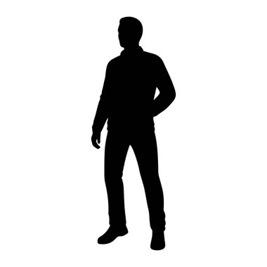 Beyaz bir arkaplana karşı duran siyah bir siluet. Bir eli cebinde, tepeden tırnağa tasvir ediliyor. Formda, pantolon, uzun kollu gömlek veya ceket de dahil olmak üzere günlük kıyafetler giyiliyor. Siluet temiz ve basit.