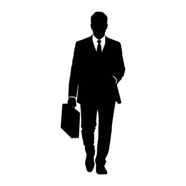 Takım elbiseli ve kravatlı bir adamın siyah silueti sol elinde bir evrak çantası tutarak öne doğru yürür. Sağ eli cebinde duruyor. Şekil beyaz bir arkaplanda izole edilmiştir..