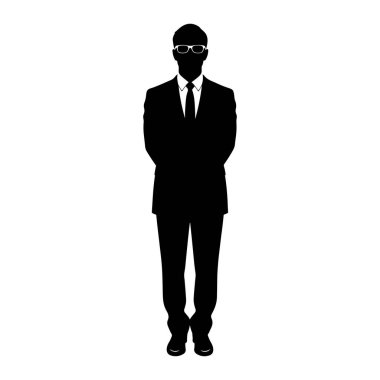 Tam vücut silueti olan bir adam öne bakıyor. Takım elbise ceketi, gömlek, kravat ve gözlük takıyor. Siluet tamamen siyah, beyaz bir arkaplanda. Elleri arkasından sıkıca bağlanmış..