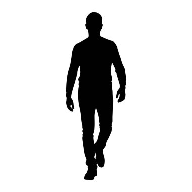 Beyaz bir arkaplanda yürüyen siyah bir siluet. Bu figür tepeden tırnağa tasvir edilmiş, pantolon, uzun kollu gömlek ve ayakkabılar da dahil olmak üzere günlük giysiler giyiyor. Silüet simsiyah, belirgin bir özelliği yok. 