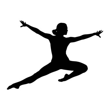 Havada hareketli bir pozda yakalanan siyah bir dansçı silueti. Vücudu genişlemiş, bir bacağı öne ve eğilmiş, diğeri geriye doğru uzamış. Kolları yanlara doğru uzanıyor, denge ve akıcılık hissi yaratıyor. Siluet