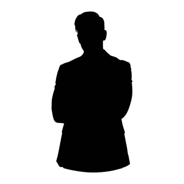 Kollarını kavuşturmuş, simsiyah bir adam silueti. Resmi bir takım elbise giyiyor ve düzgün bir saç stili var gibi görünüyor. Şekil, düz beyaz bir arkaplan üzerinde izole edilmiş, temiz ve grafik bir temsil oluşturur.