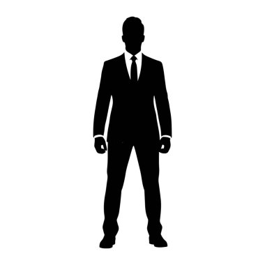 Siyah silueti olan bir adam öne bakıyor. Ceketi, pantolonu, yakalı gömleği ve kravatı olan resmi bir takım elbise giyiyor. Siluet beyaz bir arkaplanda izole edilmiş..