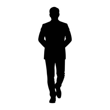 Takım elbise ve kravat takan bir adamın siyah silüeti. Elleri cebinde duruyor ve ileri doğru yürüyormuş gibi görünüyor. Arka plan bembeyaz..