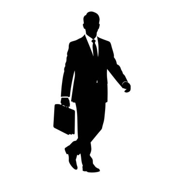 Takım elbiseli, kravatlı ve ayakkabılı bir adamın siyah silueti yürürken resmedilir. O, sol elinde bir evrak çantası tutuyor. Şekil beyaz bir arkaplanda izole edilmiştir..