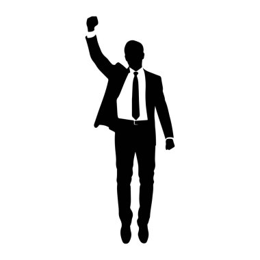 Resmi takım elbiseli ve kravatlı bir adamın siyah silueti beyaz arka planda tasvir edilir. Sağ kolu havada, yumruğunu sıkarak, zafer ya da kararlılık hissini aktarıyor. Siluet keskin ve temiz, parlak.