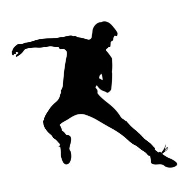 Hareketli ve hareketli pozlarda yakalanmış bir adamın siyah silueti. Vücudu sanki atlıyor ya da atlıyormuş gibi bükülmüş, bir bacağı öne doğru uzanıyor ve diğeri bükülüyor. Kolları momentum ve dengeyi sağlamak için konumlanmış. Siluet, Stark Aagai.