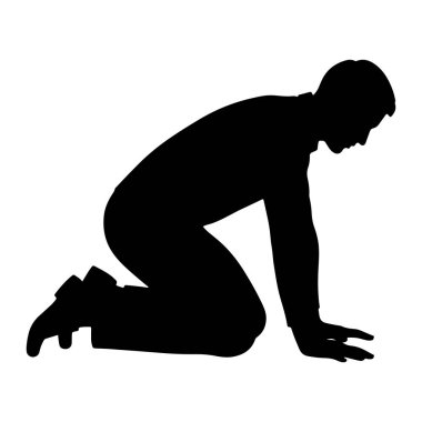 Sağ dizinin üzerine çökmüş, sol dizini bükmüş ve elleri önünde duran bir adamın siyah silüeti. Adam başı eğik bir şekilde sağa bakıyor. Siluet beyaz bir arkaplanda izole edilmiş..