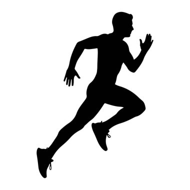 Siyah bir siluet, orta basamaklı bir adam, kolları ve bacakları hareket halinde koşuyor. Şekil, dinamik duruşu ve sporcunun ana hatlarını vurgulayan düz beyaz bir arkaplan üzerine tasvir ediliyor. Silüet kas yapısını ve... 