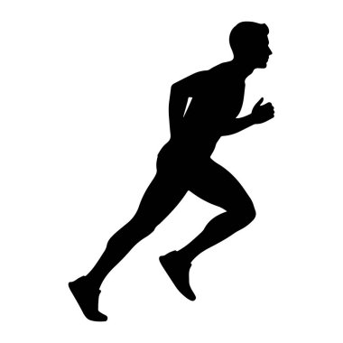 Bir erkek figürünün siyah silueti, beyaz bir arka planda profilden yansıtılıyor. Koşucunun vücudu dinamik bir pozda bükülmüş, bir bacağı öne, diğeri arkaya doğru eğilmiş, hızlı bir hareket hissi veriyor.
