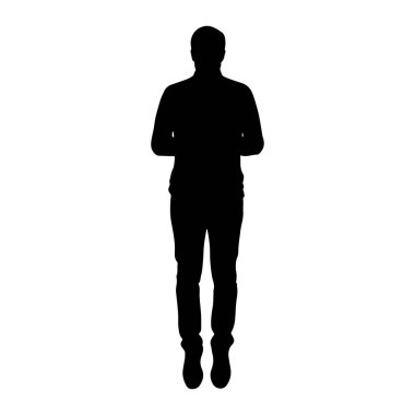 Beyaz bir arkaplana karşı duran siyah bir siluet. Şekil tepeden tırnağa tasvir ediliyor, kollar vücudun önünde tutuluyor. Silüet simsiyah, belirgin özellikleri ya da detayları yok, genel bir insan formunu temsil ediyor..