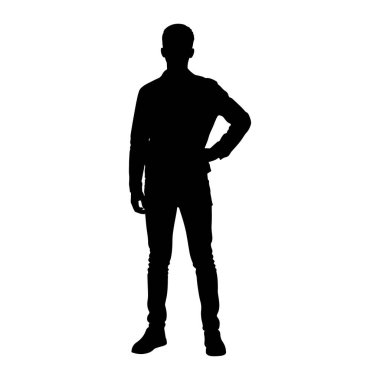 Beyaz arka planda duran bir adamın tüm vücudu siyah silueti. Bir eli kalçasında, başından ayaklarına kadar tasvir edilir. Siluet açıkça giysilerini tanımlıyor, ki bu da yakalı bir gömlek ve eski moda.