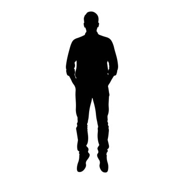 Elleri cebinde duran bir adamın tam vücut silueti. Siluet, düz beyaz bir arkaplana karşı simsiyah. O yakalı bir gömlek ve pantolon giyiyor..