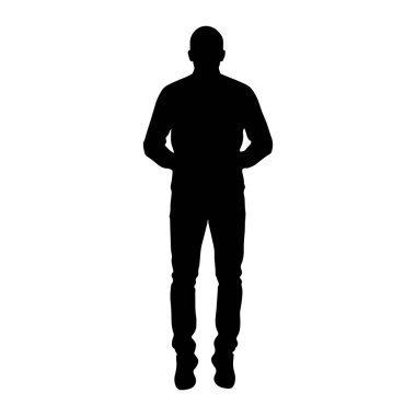 Beyaz bir arka plana karşı dik duran bir adamın tüm vücudu siyah bir siluet. Uzun kollu bir gömlek ve pantolon giyerken resmedilir. Şekil simsiyahtır, ayırt edilebilir bir özelliği yoktur, bir kişinin temiz ve grafik bir temsilini sunar..