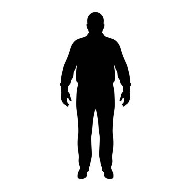 Kel bir adamın koyu siyah silueti, beyaz bir arka plana karşı dimdik dururken resmedilir. Şekil tepeden tırnağa gösteriliyor, kolları yanlara doğru gevşiyor. Uzun kollu bir gömlek ve pantolon giyiyor gibi görünüyor. Siluet... 