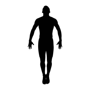Sade beyaz bir arka plana karşı dimdik duran siyah bir adam silueti. Şekil, kolları hafif yana ve elleri açık bir şekilde ileri bakıyor. Silüet açıkça insanın kaslı yapısını tanımlıyor, kafasından aşağı doğru.