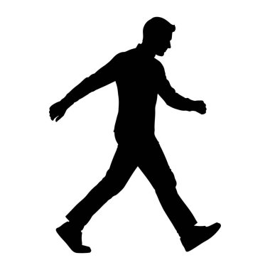 Bir adamın siyah silueti profilde tasvir ediliyor, soldan sağa doğru yürüyor. O, yakalı bir gömlek, pantolon ve ayakkabı giyiyor. Kolları hafifçe uzanıyor, ve bacakları orta basamakta hareket ediyor. Arkaplan çok saf.