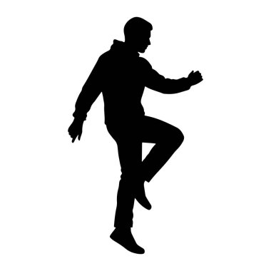 Profilde kapüşonlu ceket ve pantolon giyen siyah siluet bir adam orta basamakta yakalandı. Sol bacağı bükülüp kaldırılırken, sağ bacağı aşağı doğru uzanıyor. Kolları sanki hareket halindeymiş gibi, sağ kolu öne doğru uzanıyor. 