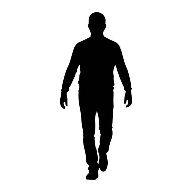 Beyaz bir arkaplanda yürüyen siyah bir siluet. Uzun kollu bir gömlek, kazak ve pantolon giyiyor. Bu figür tepeden tırnağa tasvir edilmiş, kolları dirseklerden hafifçe bükülmüş ve bacakları orta basamakta..