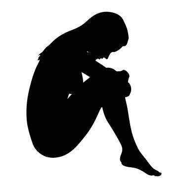 Bir kişinin siyah silueti, dizleri göğsüne ve başı eğilmiş bir şekilde kıvrılmış bir şekilde tasvir edilir. Şekil, düz beyaz bir arkaplana göre izole edilmiş ve katı bir kontrast oluşturmuştur. Siluet pürüzsüz ve detaylardan yoksun.