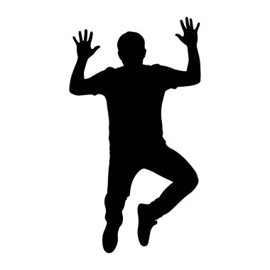 Siyah bir siluet bembeyaz bir arkaplanda tasvir edilir. Şekil havada gibi görünüyor, kolları havada ve bacakları bükülmüş, sanki bir atlayışın ortasındaymış gibi. Silüet açıkça bir tişört, pantolon ve ayakkabıyı özetliyor.