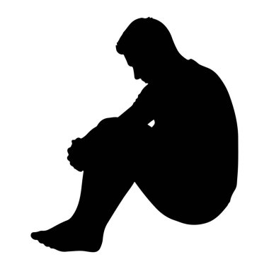 Bir kişinin siyah silueti dizleri göğsüne kadar çekilmiş ve başı eğilmiş bir şekilde otururken resmedilir. Şekil beyaz bir arkaplanda izole edilmiş ve sadece vücudun dış hatları görülebiliyor. Duruş bir üzüntü havasını çağrıştırıyor.