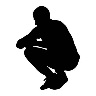 Siyah bir siluet beyaz arka planda çömelmiş bir vaziyette görüntülenir. Şekil sola dönük, dizleri bükülmüş ve kolları bacaklarının üzerinde dinleniyor. Taslak gündelik kıyafet ve spor ayakkabıları öneriyor..