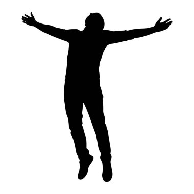 Bir kişinin siyah silueti havada yakalanır ve kolları yanlara doğru açılır ve kafası geriye doğru eğilir. Şekil zıplıyor gibi görünüyor ya da beyaz bir arka plana karşı coşku dolu bir anda. Siluet açıkça gösteriyor ki... 