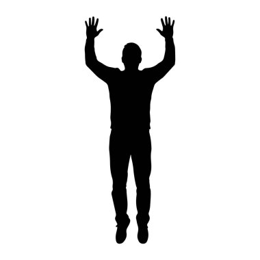 Siyah bir siluet kolları yukarıda ve elleri açık durur. Şekil, ana hatlarını ve pozlarını vurgulayan düz beyaz bir arkaplan üzerinde tasvir edilir. Silüet hareket ve anlamlı bir jest öneriyor..