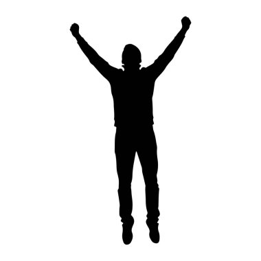 Siyah bir siluet kollarını başının üstüne kaldırmış, yumruklarını sıkarak durur. Şekil, sade beyaz bir arkaplan üzerinde tasvir edilmiş, izolasyon hissi uyandırıyor ve poza odaklanıyor. Siluet bunu gösterecek kadar detaylı.