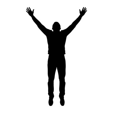 Siyah bir siluet kolları tamamen yukarı doğru uzanmış olarak duruyor. Şekil, düz beyaz bir zıtlık yaratarak betimlenir. Silüet bir kafa, gövde, kollar ve bacaklar çizgisi gösteriyor, kollar şekilleniyor.