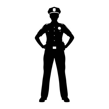 Bir polis memurunun siyah silueti, elleri kalçasında durur. Subay rozetli bir şapka, apoletli düğmeli bir gömlek ve pantolon giyiyor. Görüntü, beyaz arkaplana karşı katıksız siyah beyaz bir illüstrasyondur..