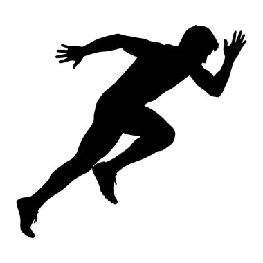 Dinamik koşu pozisyonu almış siyah bir erkek atlet silueti. Şekil, bir bacağı öne, diğeri de arkaya doğru uzanan bir adımla orta basamakta yakalanır. Kollar momentum için konumlandırılmış, biri dirsekte bükülmüş, diğeri ise genişletilmiş torba.