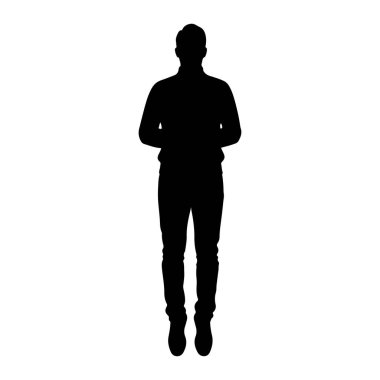 Beyaz bir arkaplana karşı duran siyah bir siluet. Günlük giysiler giyiyor, bir gömlek ve kot da dahil, ve ileriye bakıyor gibi görünüyor. Silüet temiz ve iyi tanımlanmış, insan şeklini vurguluyor..