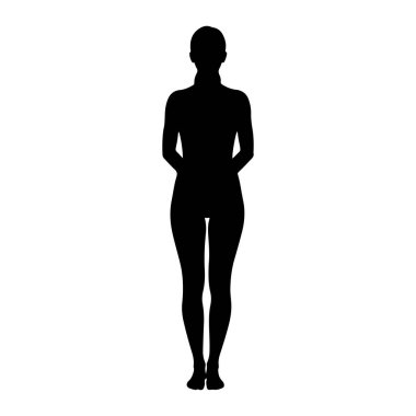 Saf, siyah bir siluet. Kolları arkasında duran bir kadın. Düz beyaz bir arka plan. Bu figür tepeden tırnağa tasvir edilmiş, vücudunun ana hatlarını gösteriyor..