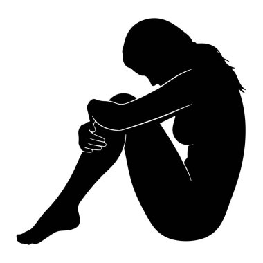 Bir kadının siyah silueti, dizleri göğsüne kadar çekilmiş ve kolları bacaklarına dolanmış şekilde otururken resmedilir. Başı eğik, dizlerinin üzerinde dinleniyor. Biçiminin ana hatları beyaz bir arkaplana karşı katıdır..