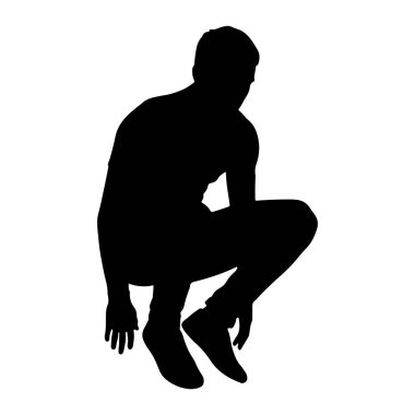 Bir adamın siyah silueti, bembeyaz bir zemine karşı çömelmiş bir şekilde tasvir edilir. Bu figür gövdeden aşağıya, dizleri bükük ve elleri yere doğru uzanmış olarak gösterilir. Silüet simsiyah, şekli vurguluyor. 