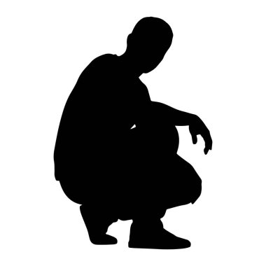 Bir adamın siyah silueti beyaz bir arka plana karşı çömelmiş bir şekilde tasvir edilir. Sola dönük, başı aşağıya eğilmiş bir şekil. Sol kolu bükülür ve dizinin üzerinde dinlenirken, sağ kolu gevşek sallanır. Öyle görünüyor.