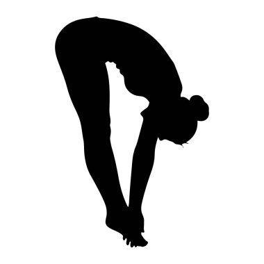 Yandan siyah bir siluet gösterilir, bacakları düz bir şekilde öne doğru eğilir ve başı ayaklarına doğru eğilir. Kolları bileklerine doğru uzanıyor. Siluet beyaz bir arkaplanda izole edilmiştir.