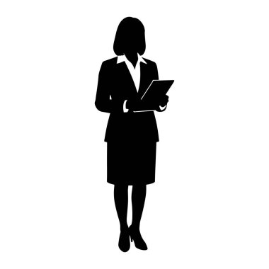 İş kıyafeti giymiş siyah bir kadın silueti elinde bir belge ya da tablet tutuyor. O bir ceket, etek ve yüksek topuklu ayakkabı giyiyor. Arkaplan düz beyaz.